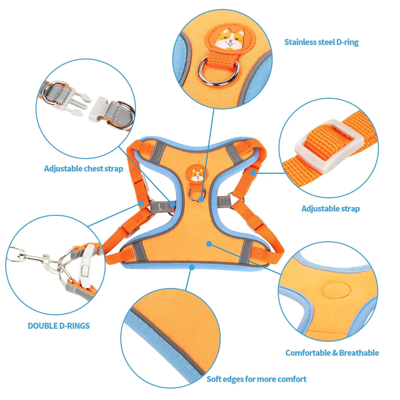 Adjustable dog harness with haulage rope attachment in multiple colour options