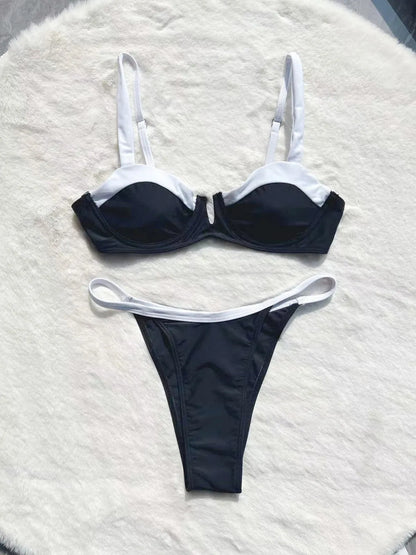 Black women's low waist bikini swimsuit with stitching split detail