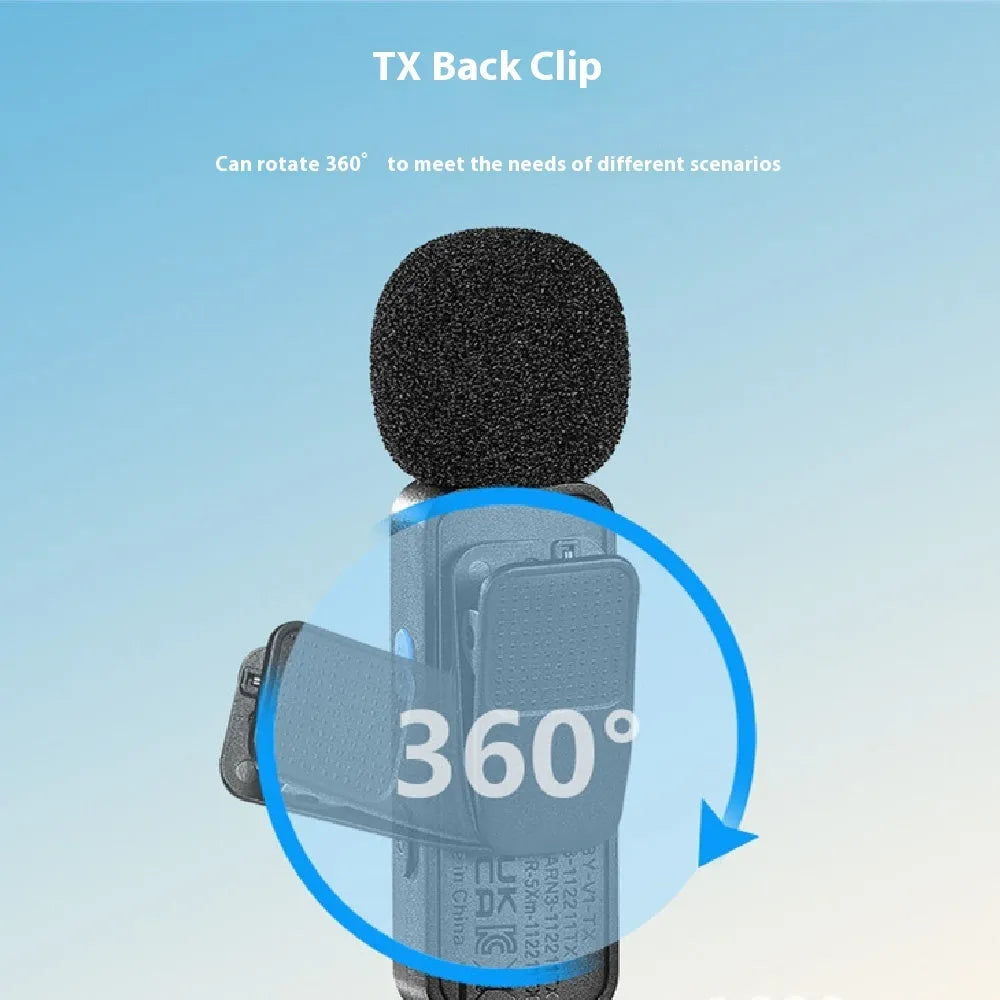 Wireless collar clip microphone with 2.4GHz transmission and USB-C charging for mobile live streaming and video recording
