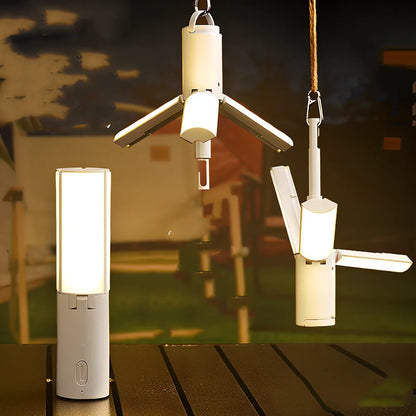 Folding camping light shown in expanded and collapsed positions with USB charging cable