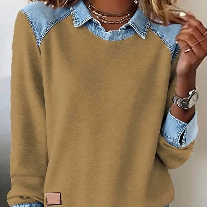 Denim collar long sleeve pullover with patchwork knitwear in street fashion style, available in multiple colours