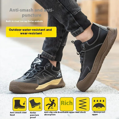Leather Flyknit safety work shoes in black, brown, grey, or khaki with a rubber sole