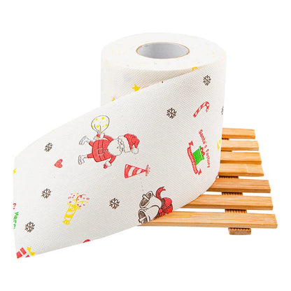 Christmas-themed toilet paper roll with Santa Claus and festive designs