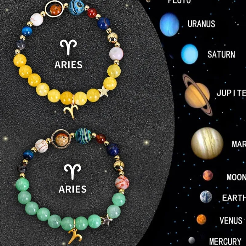 Two natural stone beaded bracelets with zodiac signs on adjustable cords, 8mm beads