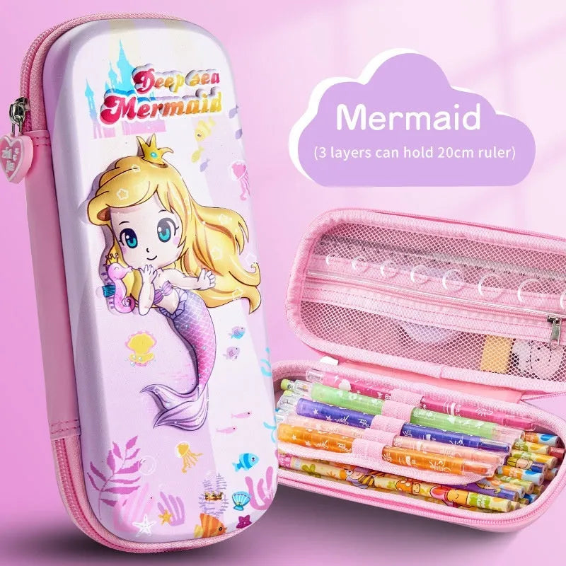 Leather 3D pencil case showing design themes: dinosaur, astronaut, mermaid, unicorn, and spaceship.