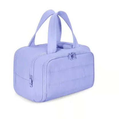 Travel toiletry bag with wide-open design showing 29.97cm length, available in six colours including black and pink