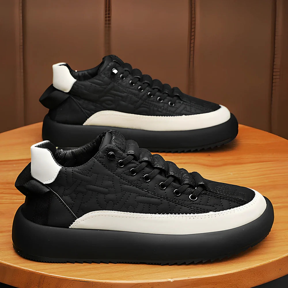 Men's elastic band casual shoes with thick sole in black and orange colour combination