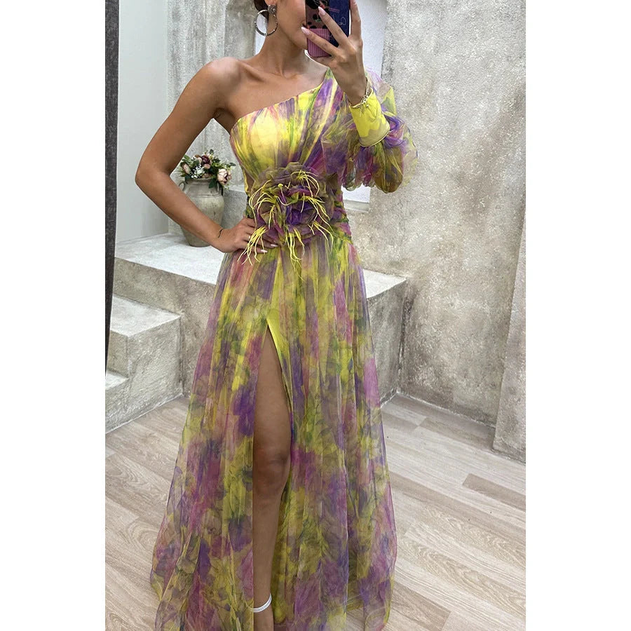 Mesh Tie-dye Printed Off-shoulder Slit Dress in vibrant colors for summer fashion