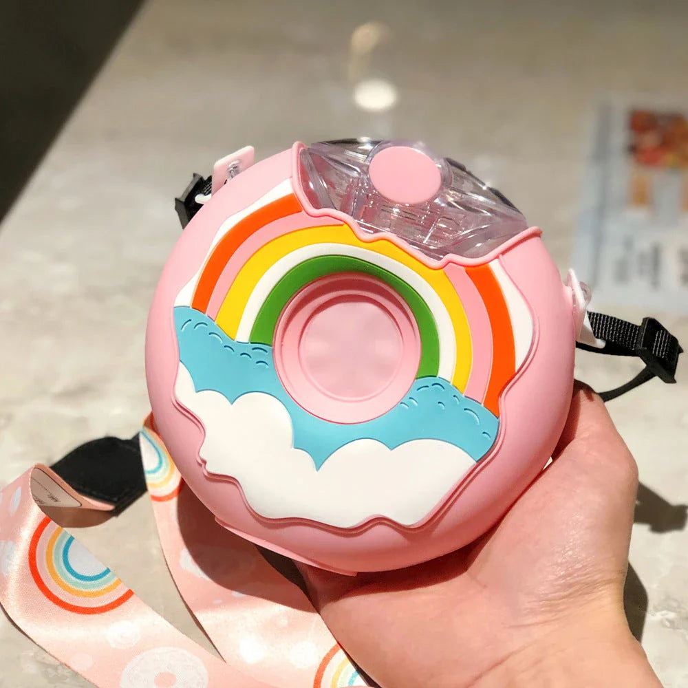 Donut-shaped water bottle with straw in various fun color options, perfect for on-the-go hydration