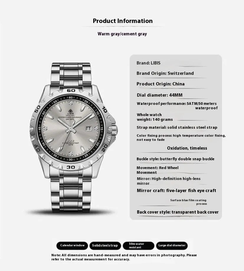 Silver men's waterproof watch with stainless steel strap and luminous grey dial.
