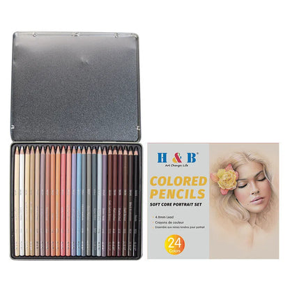 Set of 24 skin tone colour art pencils and HB refills in a round iron box brush pot.