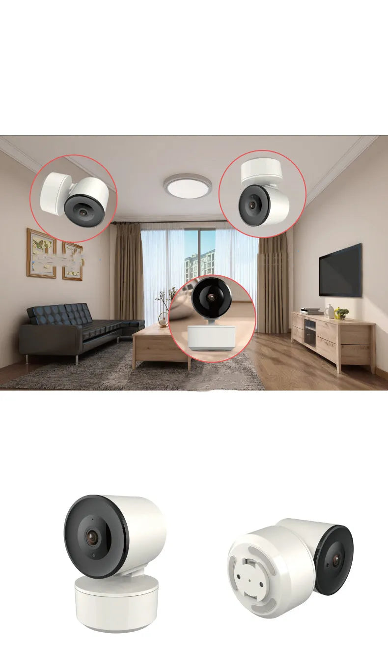 Indoor smart Wi-Fi security camera with 1080p HD, shown with a 355-degree auto-tracking range.