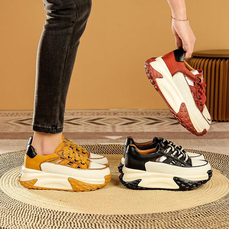 Women's retro thick-soled hollow sneakers in black, white, red, and yellow