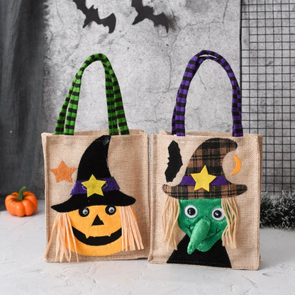 Funny Halloween Candy Tote Bag for Kids featuring witch, skull, and pumpkin designs