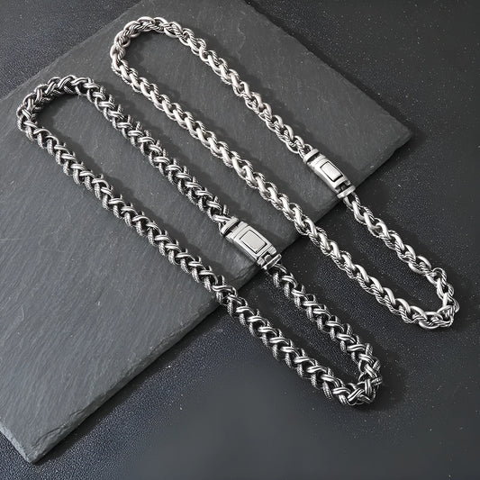 Men's titanium steel keel chain necklace with large hemp flower links in antique silver finish.