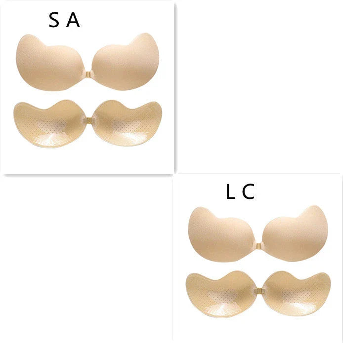 A discreet, backless and strapless silicone bra that provides a natural lift and invisible support under clothing.