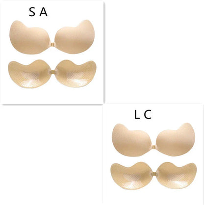 A discreet, backless and strapless silicone bra that provides a natural lift and invisible support under clothing.