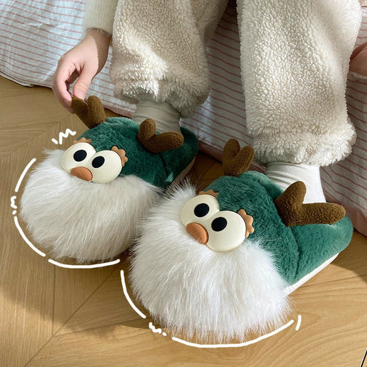 Cozy Cartoon Deer Slippers with Plush Fabric, Thick EVA Soles, and Whimsical Design for Comfortable Indoor Wear