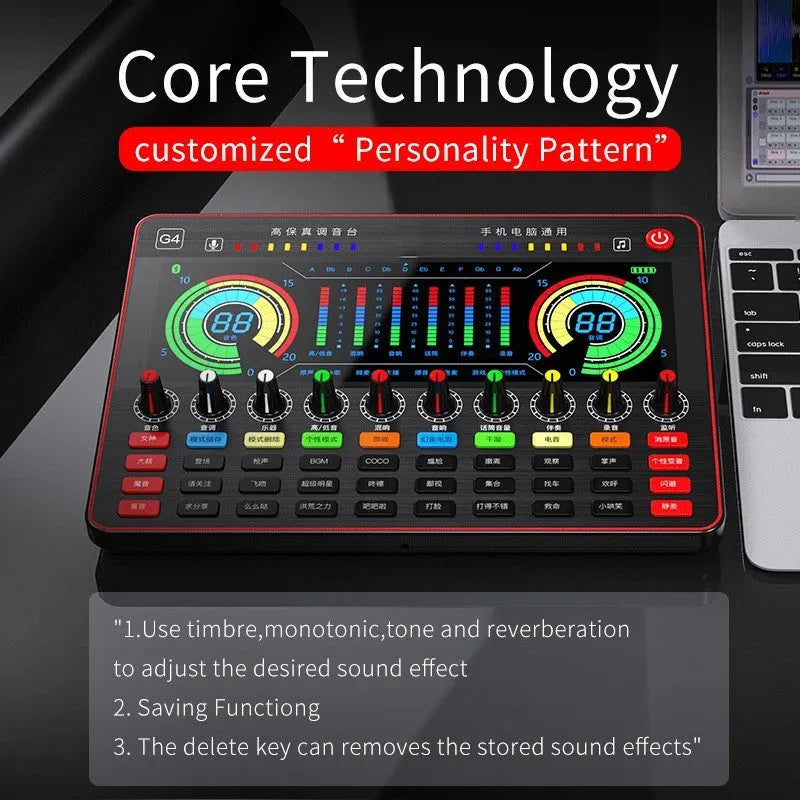 Professional G4 sound card set with capacitance microphone, LCD display and audio cables for live broadcast applications
