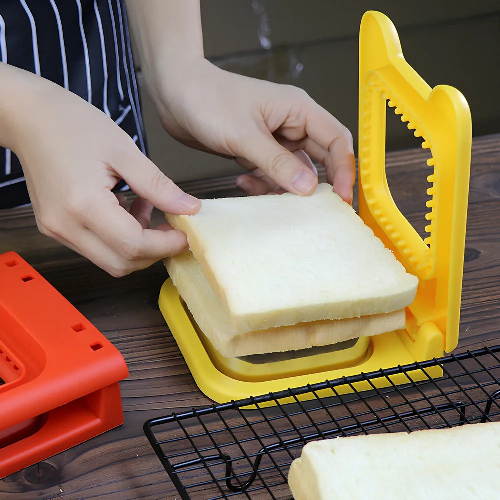 Red square sandwich press mould creating hemmed breakfast sandwiches with clean edges