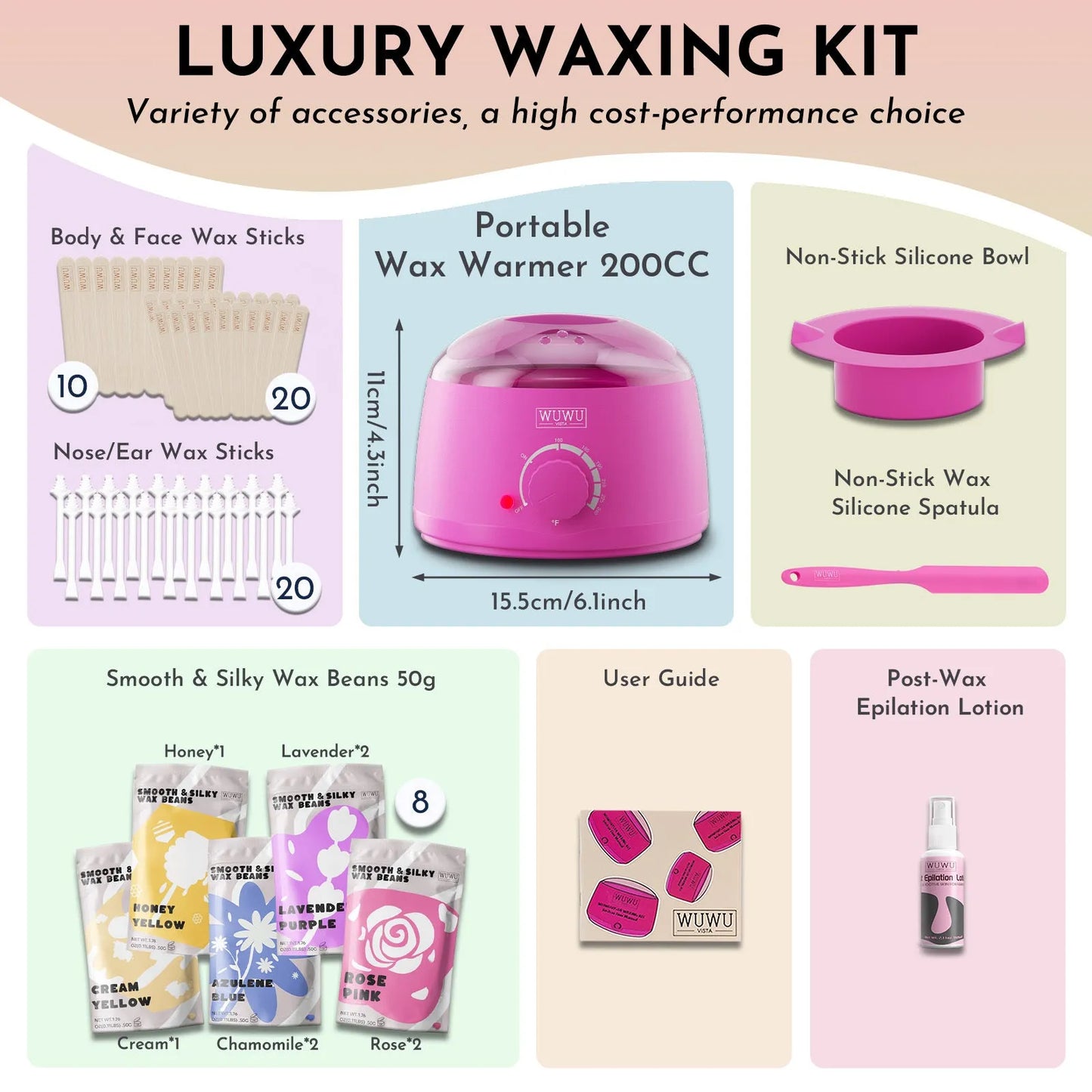Waxing kit with 200cc warmer, 8 wax bead packs, applicator sticks, silicone bowl, spatula, and lotion for hair removal