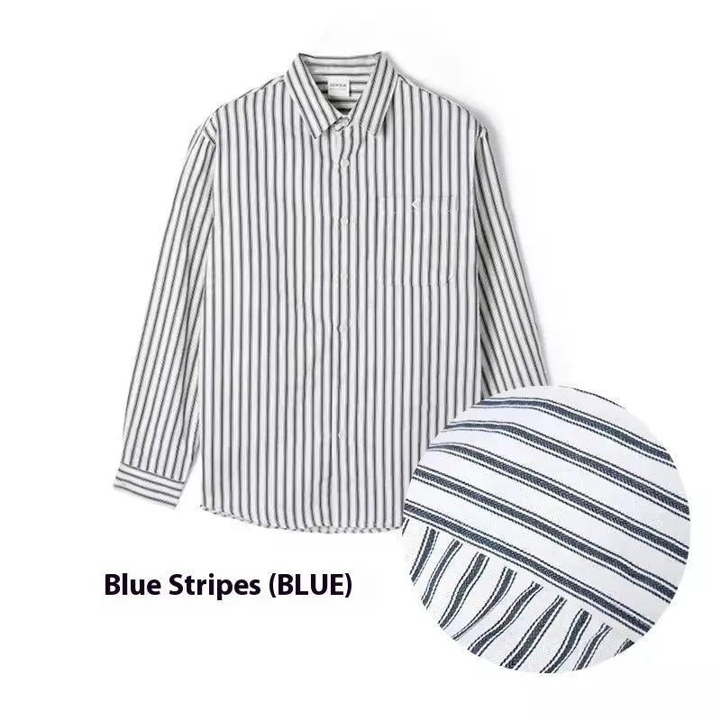 Loose striped shirt in blue or black, cardigan style, polyester blend, sizes M to 3XL for teenagers