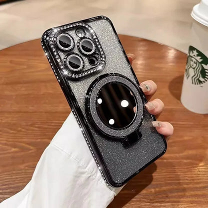 Glittering gradient iPhone case with an attached bracket for holding a makeup mirror.