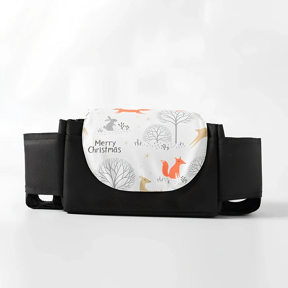 Baby stroller organiser with cup holder mounted on pram pole showing storage compartments