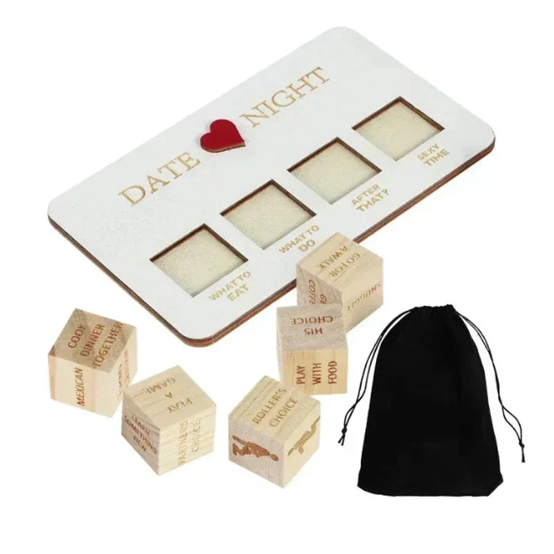 Romantic wooden date night dice set with 5 dice, date planner board, and storage bag for spontaneous couple's activities