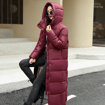 Women's long winter down puffer coat in black, dark red, white, and khaki colors