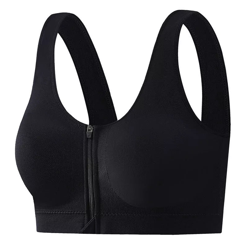 Black front zipper sports bra with shockproof support and beauty back design