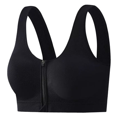 Black front zipper sports bra with shockproof support and beauty back design