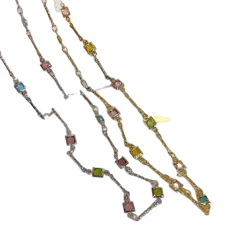 Square colour geometric clavicle chain necklace with artificial crystal pendant