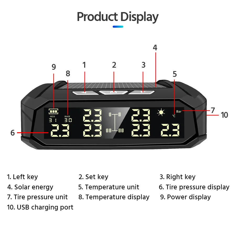 Solar external tyre pressure monitor with colour digital screen for six-wheel vehicles