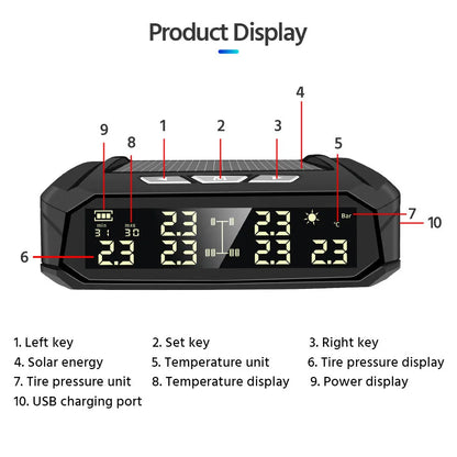Solar external tyre pressure monitor with colour digital screen for six-wheel vehicles