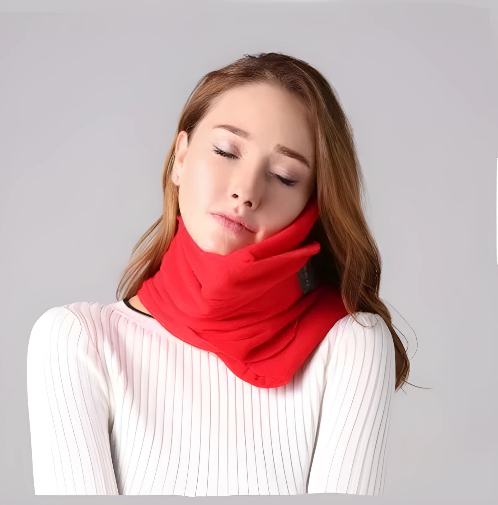 U-shaped convex travel neck scarf pillow in black, grey, navy, or red with cotton filling.