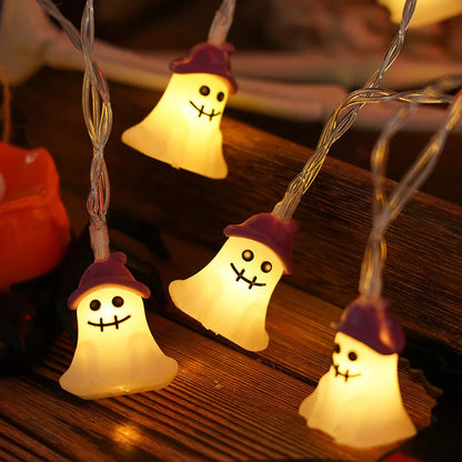 Warm glowing Halloween lighting chain with pumpkins, ghosts, and bats for indoor and outdoor decoration