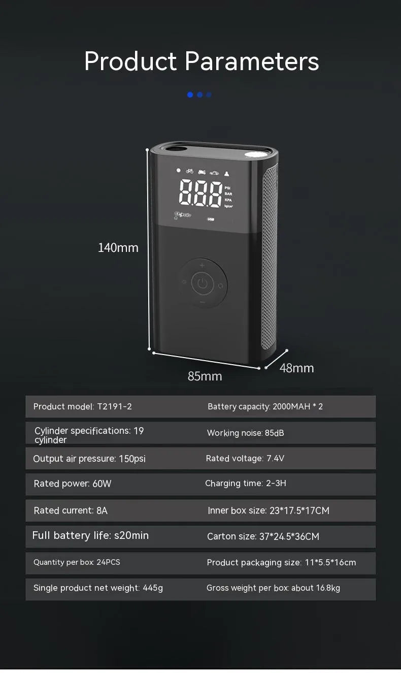 Wireless digital display handheld air pump with LED light and multiple valve adaptors for cars, bicycles and sports equipment