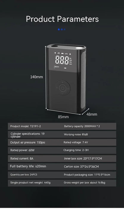 Wireless digital display handheld air pump with LED light and multiple valve adaptors for cars, bicycles and sports equipment