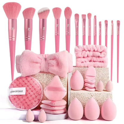 Hydrophilic non-latex beauty tools makeup brush set in pink, brown, or purple colour options