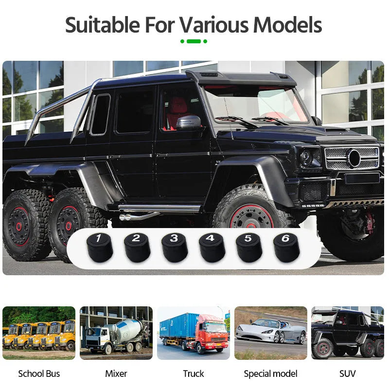 Solar external tyre pressure monitor with colour digital screen for six-wheel vehicles