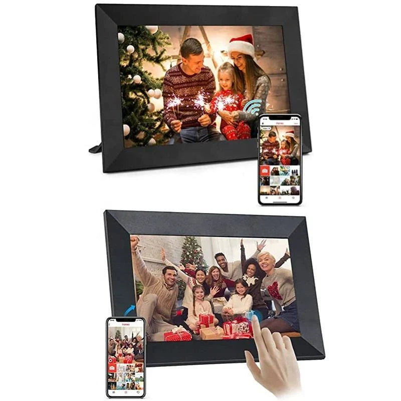 Touchscreen smart WiFi digital photo frame with rotating display, allowing users to easily share and view photos from anywhere.