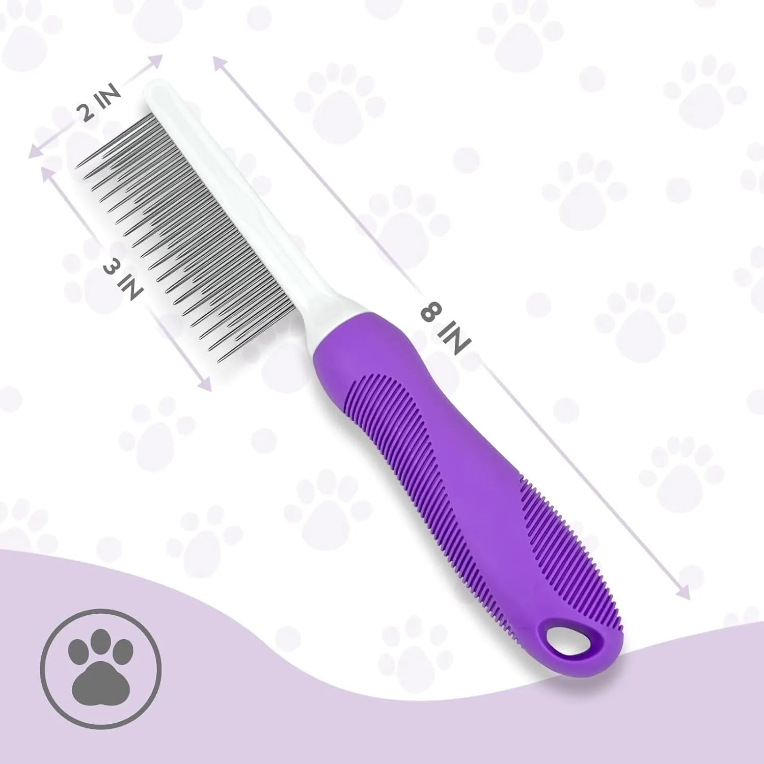 Purple detangling pet comb with stainless steel teeth for grooming dogs and cats, showing ergonomic handle.