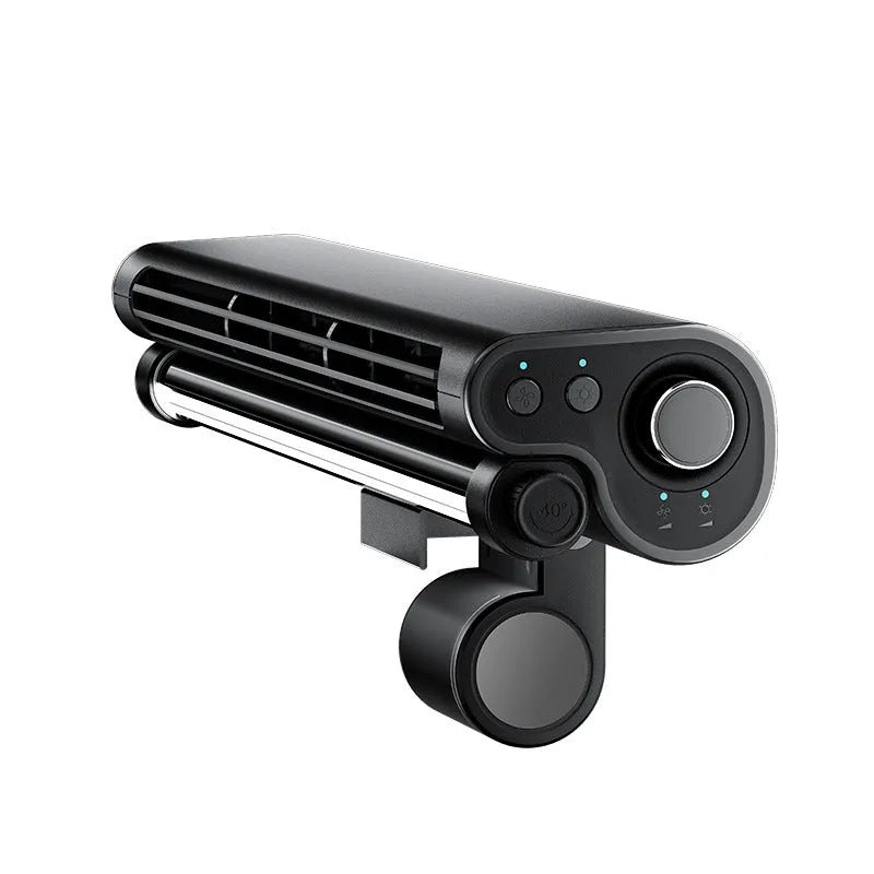 Black bladeless USB fan with lighting lamp clamped to laptop screen showing 32.5cm width