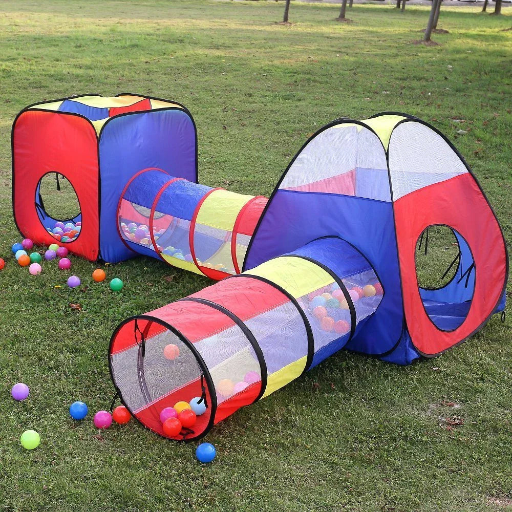 Foldable kids play house with a tent, ball pit, and tunnel for indoor and outdoor fun