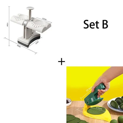 White double-head manual dumpling maker press on a kitchen counter