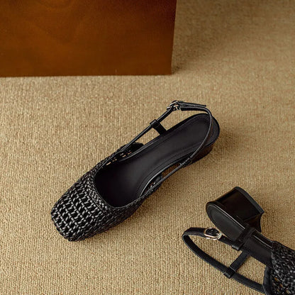 Women's woven hollow-out closed toe sandals with buckle strap and chunky heel