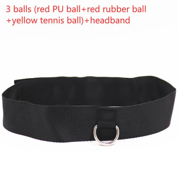 Head-mounted boxing reaction ball trainer with adjustable headband and multiple coloured balls