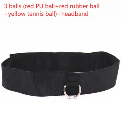 Head-mounted boxing reaction ball trainer with adjustable headband and multiple coloured balls