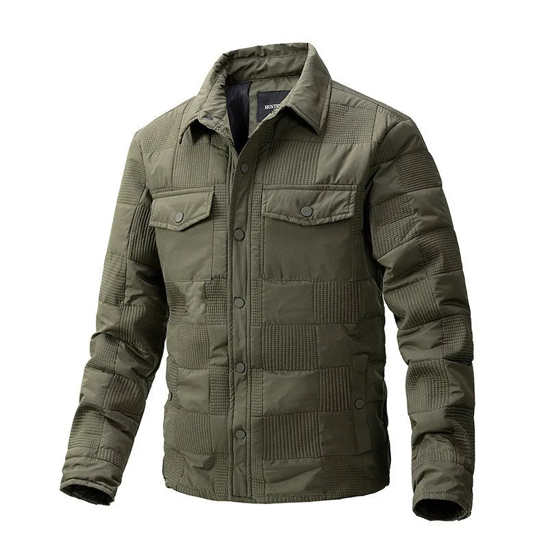 Men's black quilted polo collar jacket with wool lining on a hanger